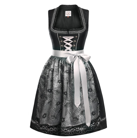 Dirndl Damen Midi Schwarz - Dirndlkleid mit Spitzenschürze Trachtenmode Kleid für Oktoberfest