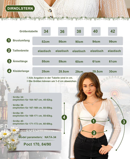 Damen Dirndlbluse Spitze Langarm - Weiß Bluse V-Ausschnitt Knopfleiste Trachtenbluse für Oktoberfest