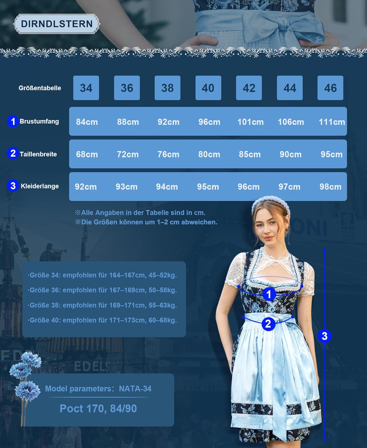 DIRNDLSTERN Damen Mini Blau - Trachtenkleid Baumwolle mit Blumenmuster Dirndlkleid mit Schürze und Ersatzknöpfen Ausgestattet