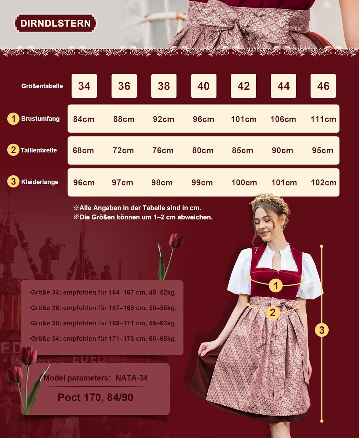 Damen Midi Rot–Elegantes Trachtenkleid Samt Plissee Schürze Perfekt für Oktoberfest
