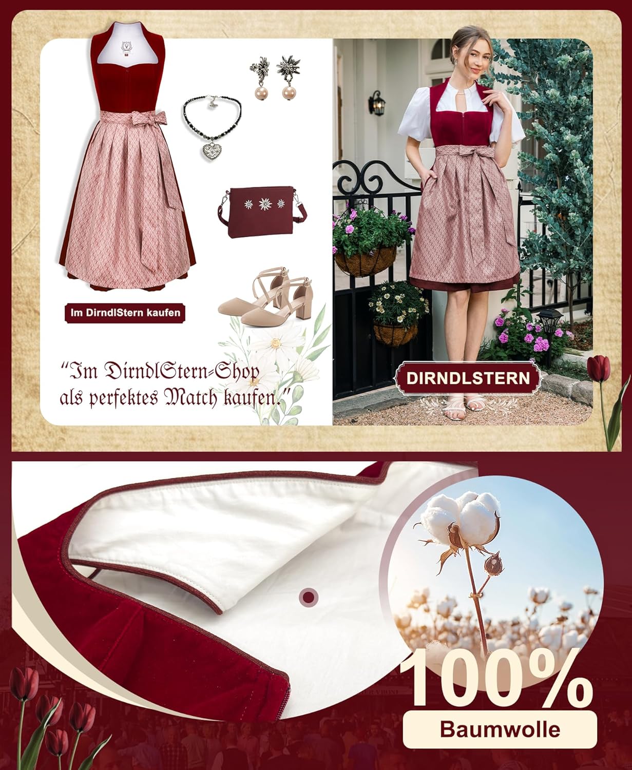 Damen Midi Rot–Elegantes Trachtenkleid Samt Plissee Schürze Perfekt für Oktoberfest