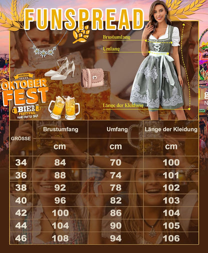 Dirndl Damen Midi Grün - Trachtenkleid Trachtenmode für Oktoberfest Dirndlkleid mit Spitzenschürze