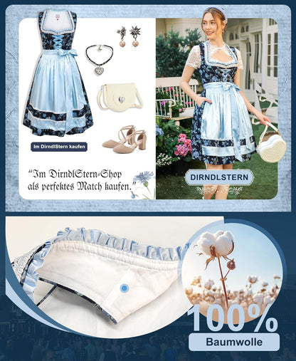 DIRNDLSTERN Damen Mini Blau - Trachtenkleid Baumwolle mit Blumenmuster Dirndlkleid mit Schürze und Ersatzknöpfen Ausgestattet