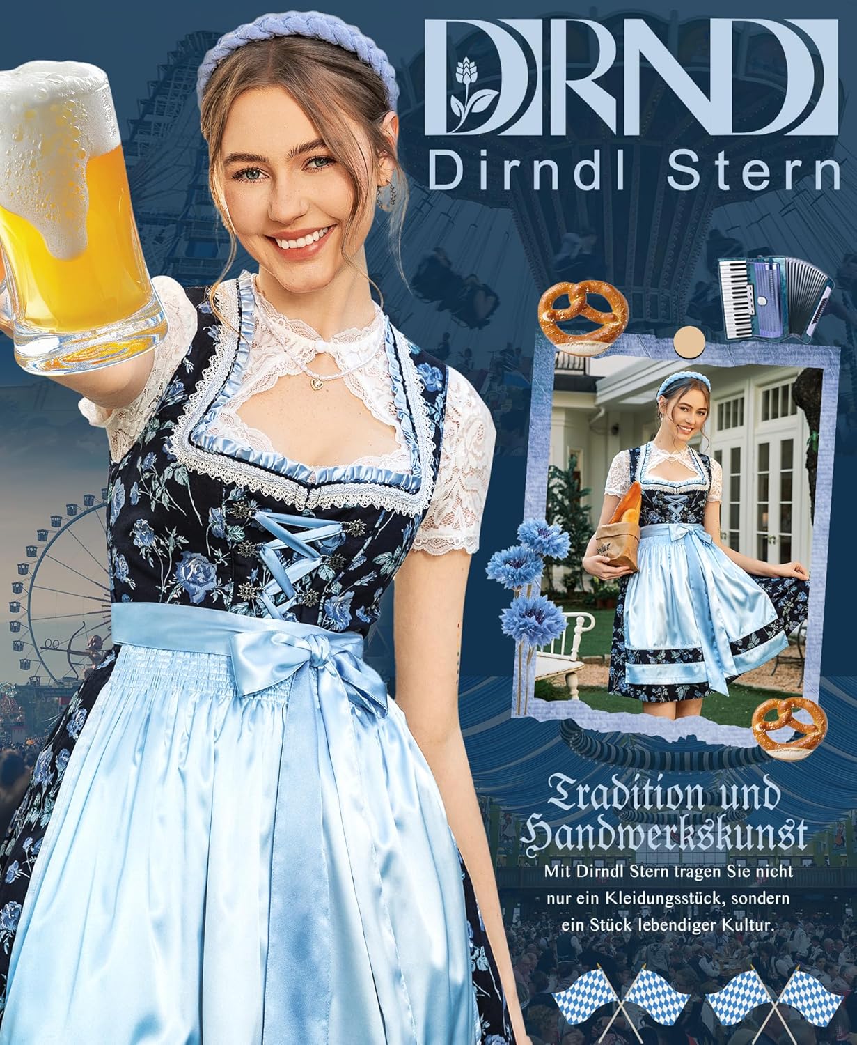 DIRNDLSTERN Damen Mini Blau - Trachtenkleid Baumwolle mit Blumenmuster Dirndlkleid mit Schürze und Ersatzknöpfen Ausgestattet