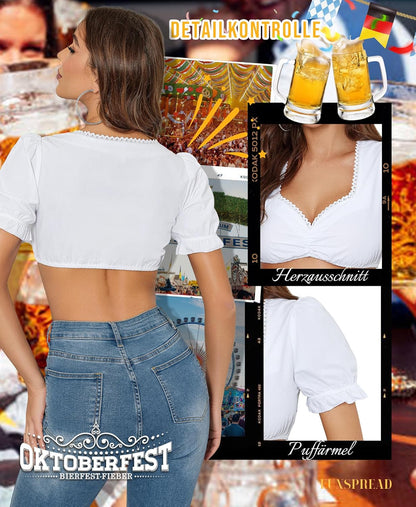 Dirndl Bluse Damen Weiß - Dirndlbluse Kurzarm Trachtenblusen Dirndlblusen für Oktoberfest