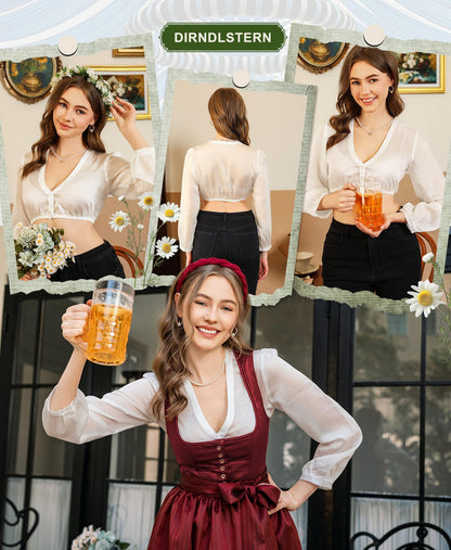 DIRNDLSTERN Dirndl Bluse Damen Weiß - Dirndlbluse langarm V-Ausschnitt Knopfleiste Trachtenbluse für Oktoberfest & Karneval