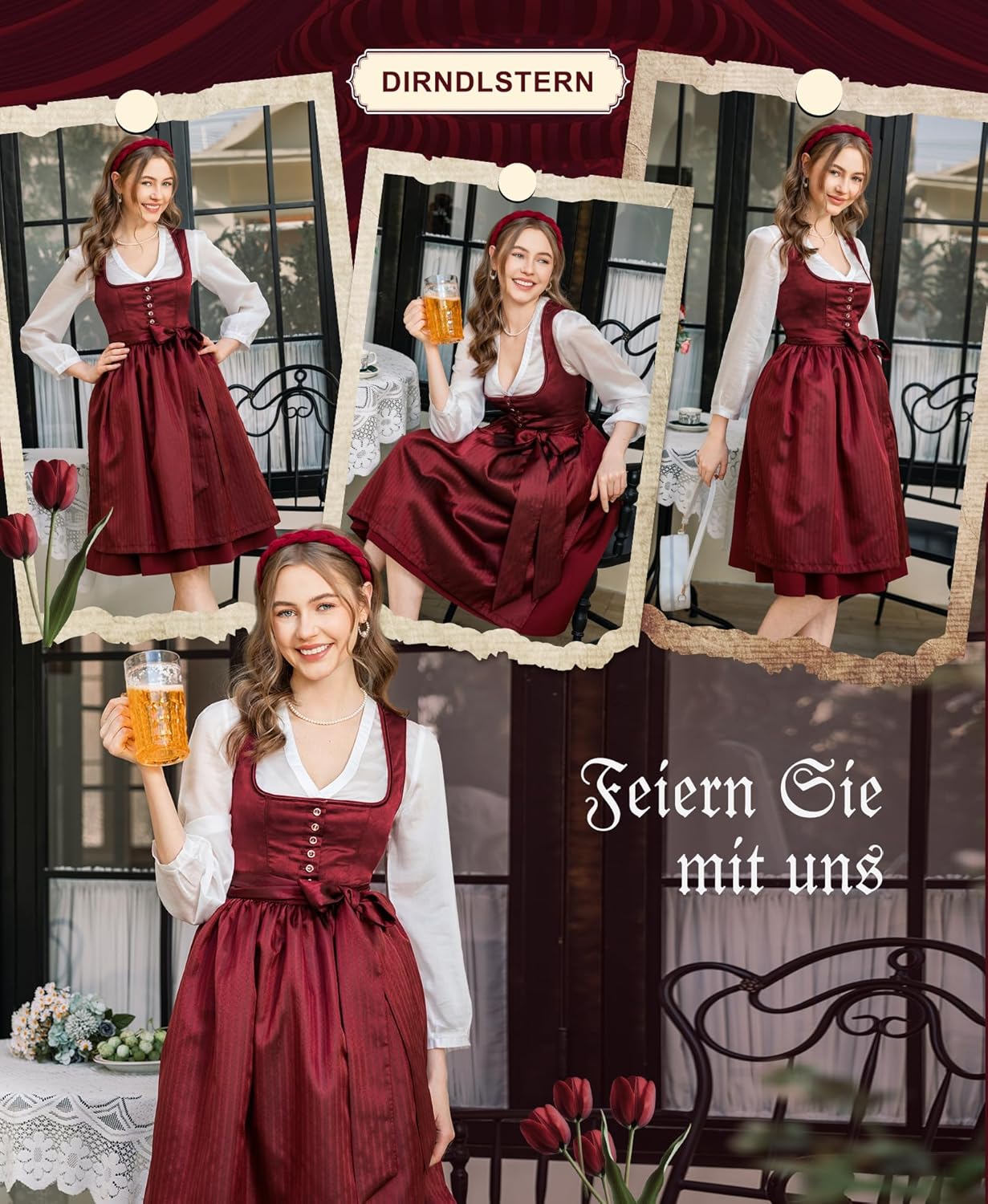 Damen Midi Rot –Trachtenkleid Damen Dirndlkleid mit Plissee Dirndlschürze für Oktoberfest