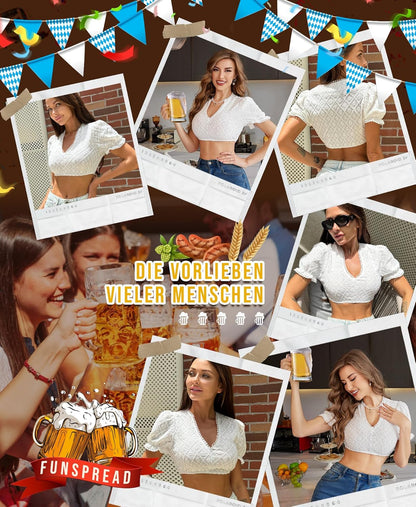 Dirndl Bluse Damen Weiß - Dirndlbluse V Ausschnitt Dirndlblusen Kurzarm Trachtenbluse für Oktoberfest