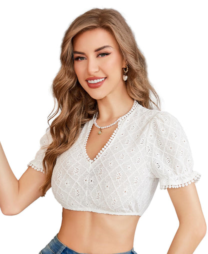 Dirndl Bluse Damen Weiß - Dirndlbluse V Ausschnitt Dirndlblusen Kurzarm Trachtenbluse für Oktoberfest