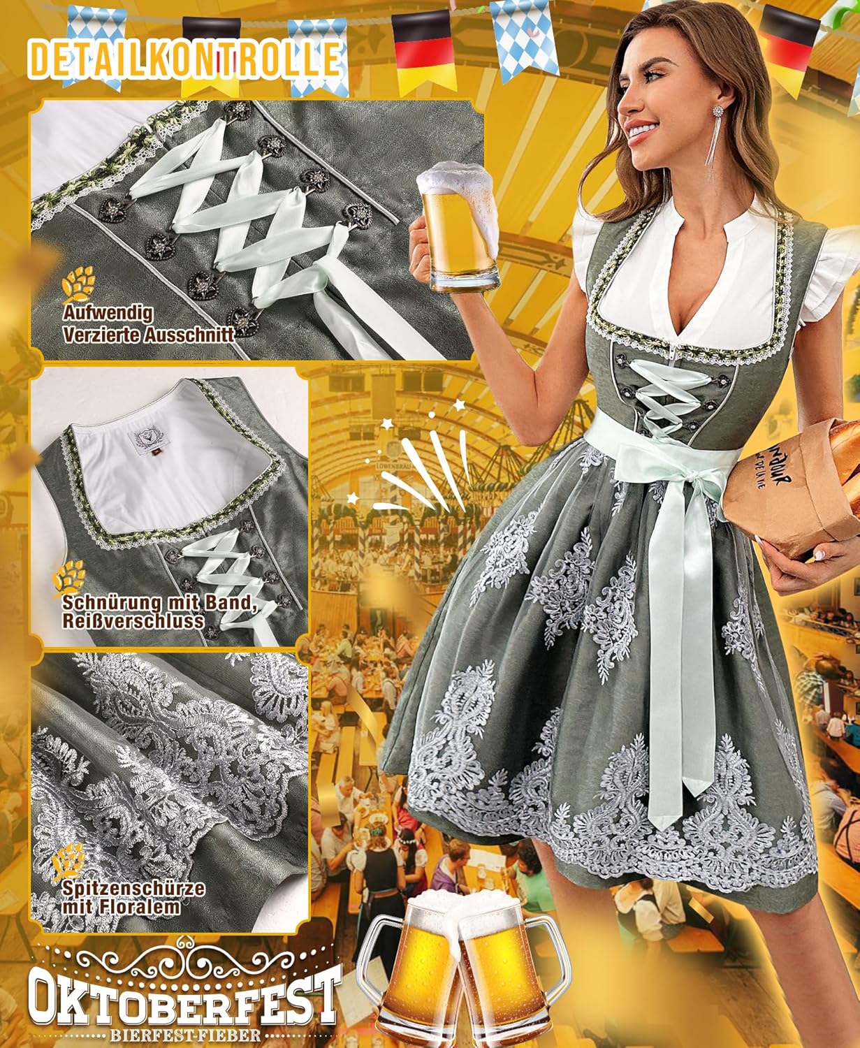 Dirndl Damen Midi Grün - Trachtenkleid Trachtenmode für Oktoberfest Dirndlkleid mit Spitzenschürze