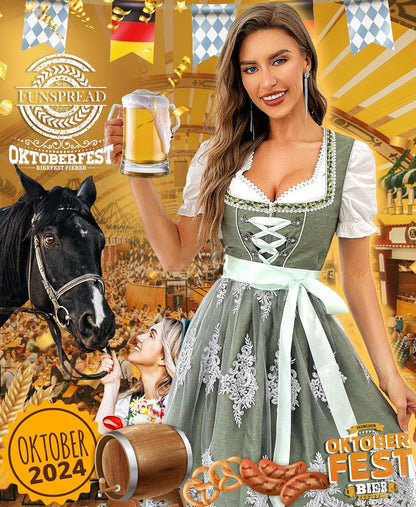 Dirndl Damen Midi Grün - Trachtenkleid Trachtenmode für Oktoberfest Dirndlkleid mit Spitzenschürze