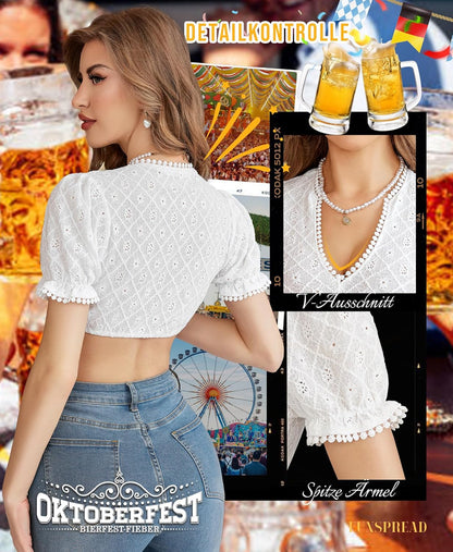 Dirndl Bluse Damen Weiß - Dirndlbluse V Ausschnitt Dirndlblusen Kurzarm Trachtenbluse für Oktoberfest