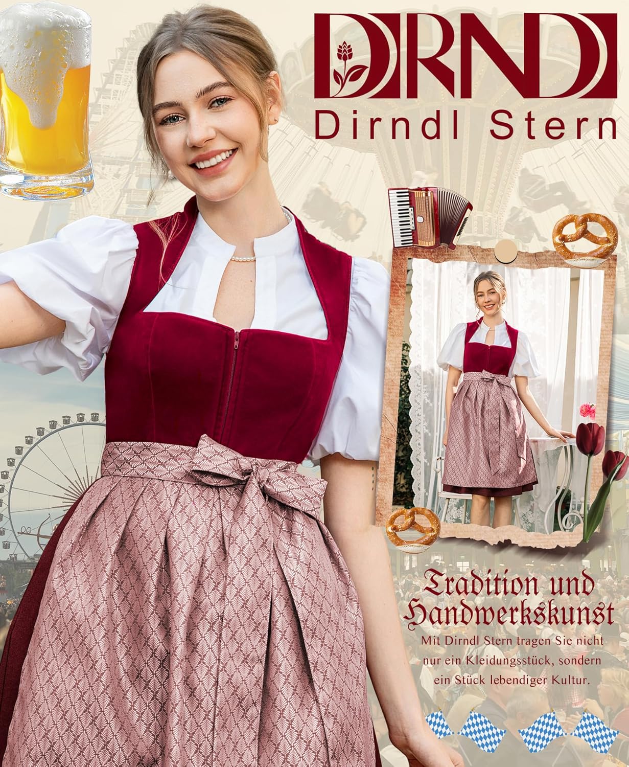 Damen Midi Rot–Elegantes Trachtenkleid Samt Plissee Schürze Perfekt für Oktoberfest