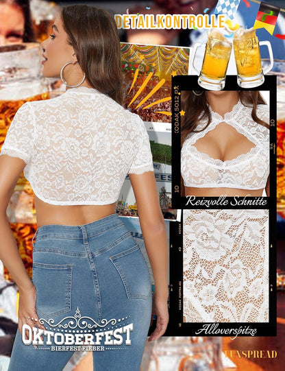Dirndlbluse Damen Spitze Weiß - Kurzarm Dirndl Bluse Trachtenbluse für Oktoberfest