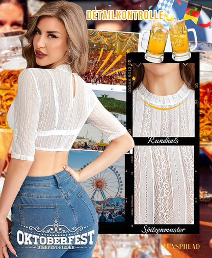 Funspread Damen Dirndl Bluse Spitze - Dirndlbluse Weiß Hochgeschlossene Langarm Trachtenbluse