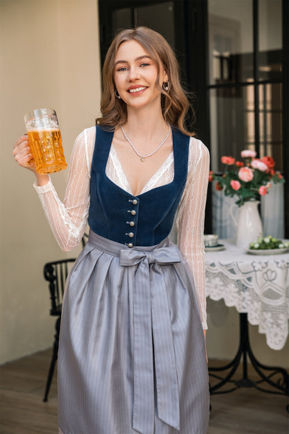 DIRNDLSTERN Dirndl Damen Midi Blau - Dirndlkleid Samt Trachtenmode Kleid mit Dirndlschürze Trachtenkleid für Oktoberfest