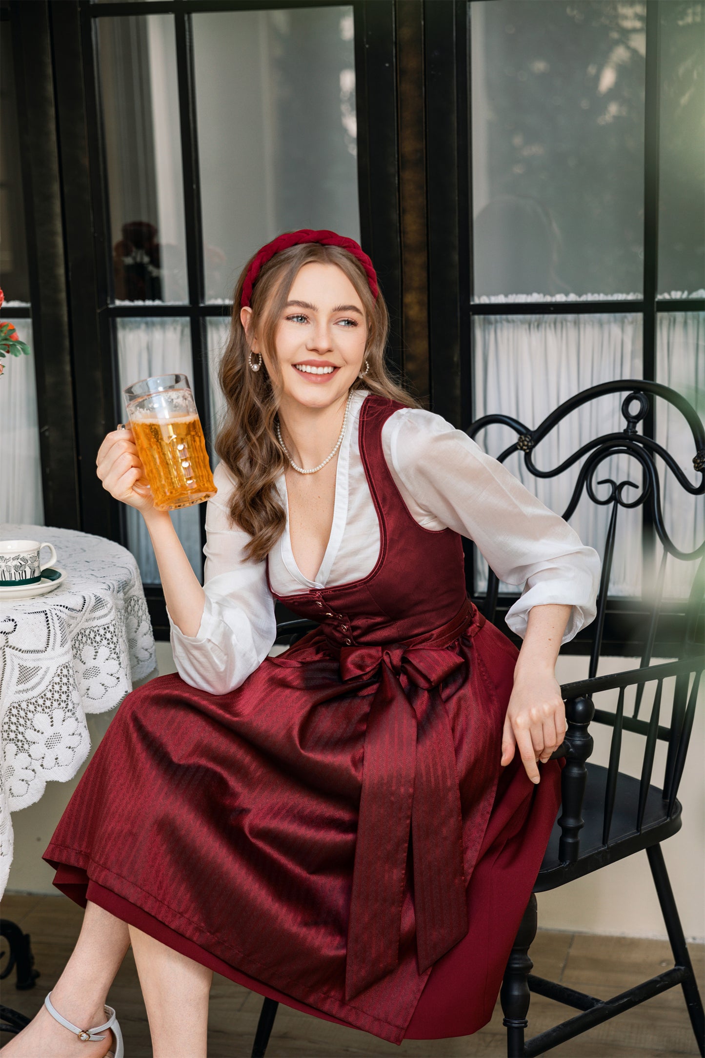 DIRNDLSTERN Dirndl Damen Midi Rot - Trachtenkleid Damen Dirndlkleid mit Plissee Dirndlschürze für Oktoberfest