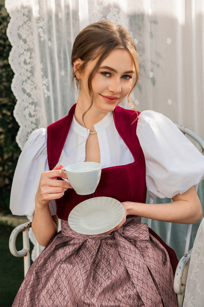 DIRNDLSTERN Dirndl Damen Midi Rot - Elegantes Trachtenkleid Samt Dirndl mit Plissee Schürze Perfekt für Oktoberfest