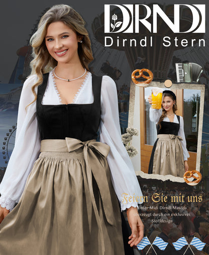 DIRNDLSTERN Trachtenmode Damen Schwarz - Midi Trachtenkleid mit Dirndlschürze Oktoberfest Damen Outfit