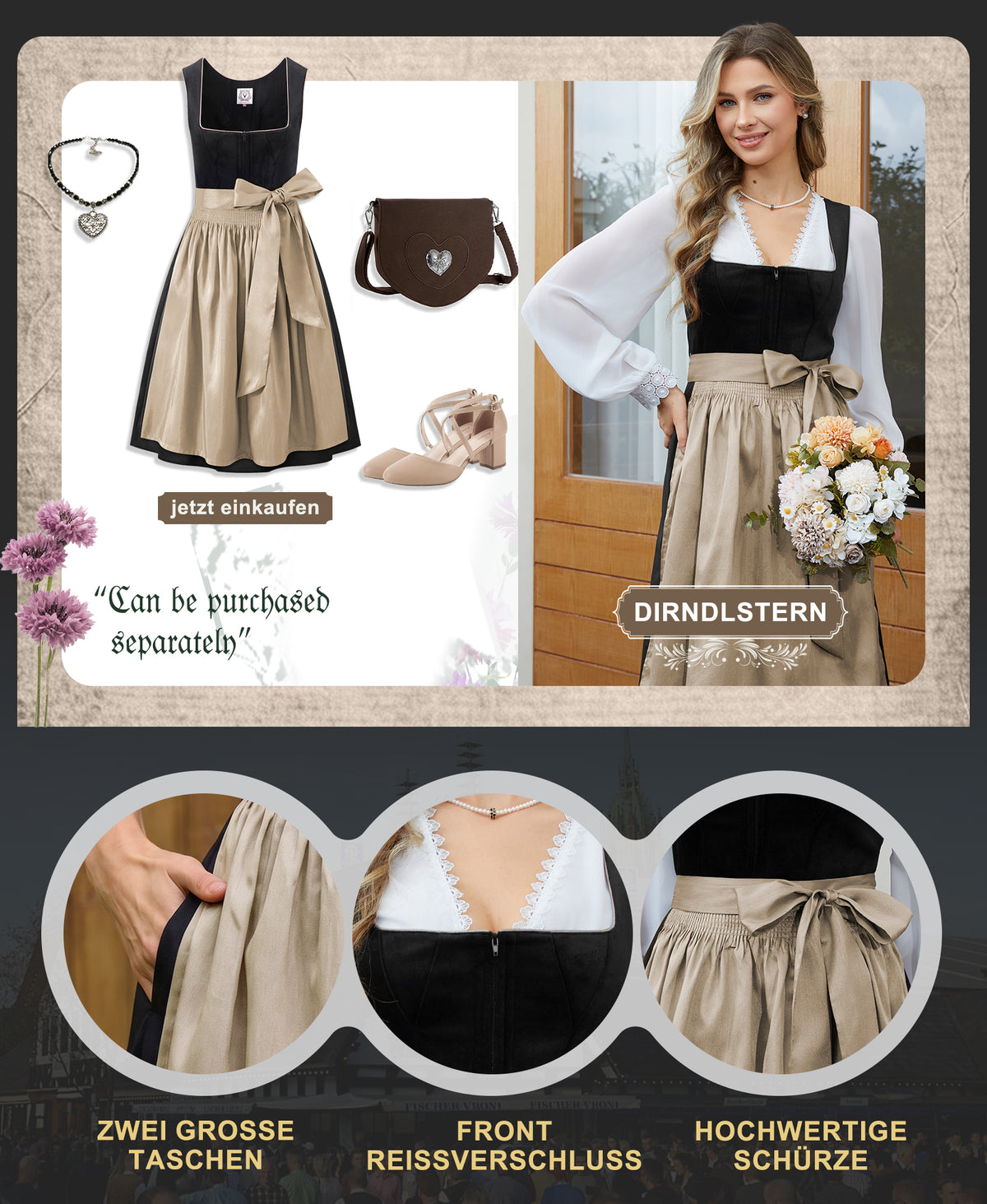 DIRNDLSTERN Trachtenmode Damen Schwarz - Midi Trachtenkleid mit Dirndlschürze Oktoberfest Damen Outfit