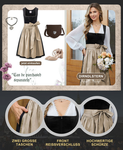 DIRNDLSTERN Trachtenmode Damen Schwarz - Midi Trachtenkleid mit Dirndlschürze Oktoberfest Damen Outfit