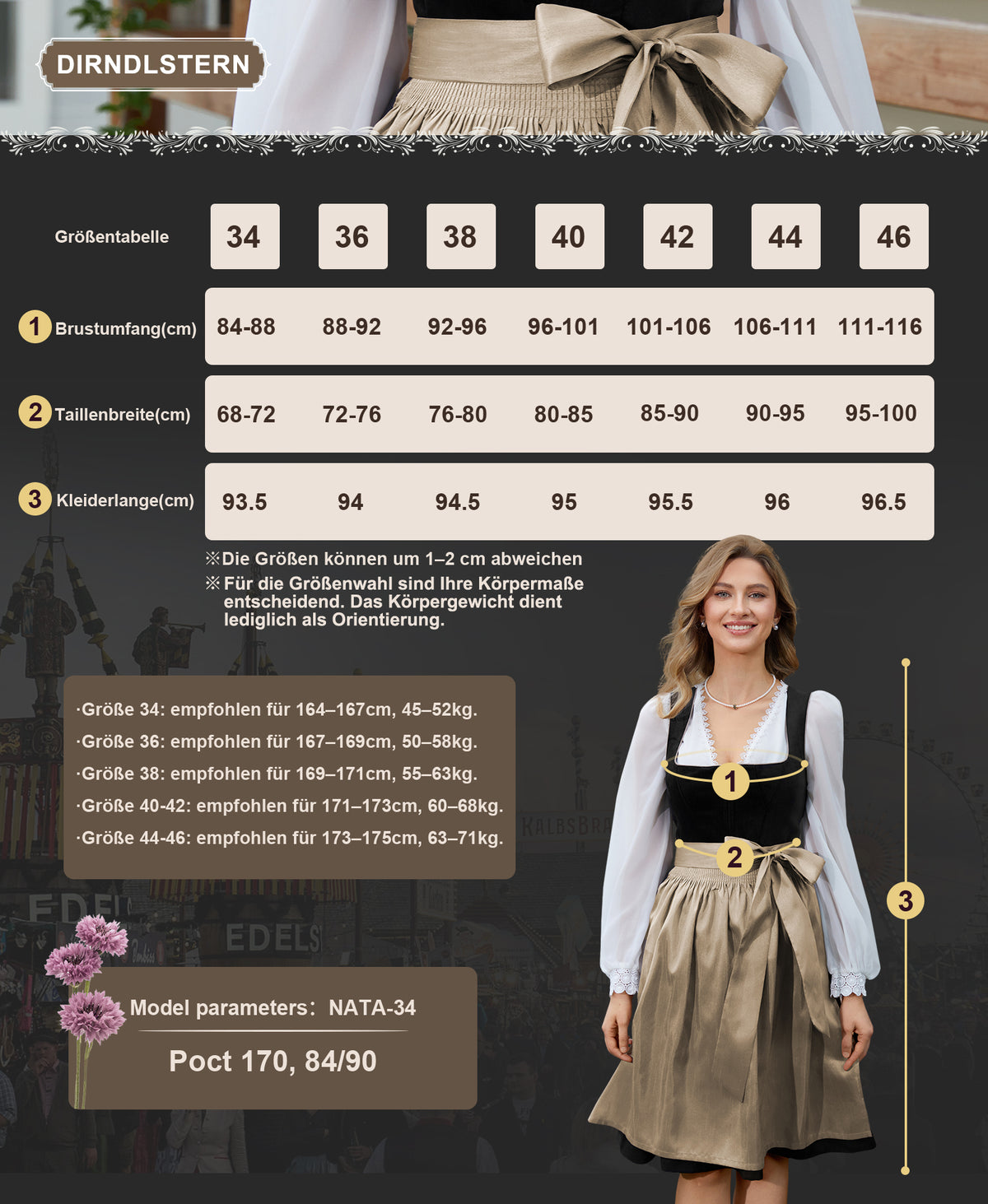 DIRNDLSTERN Trachtenmode Damen Schwarz - Midi Trachtenkleid mit Dirndlschürze Oktoberfest Damen Outfit