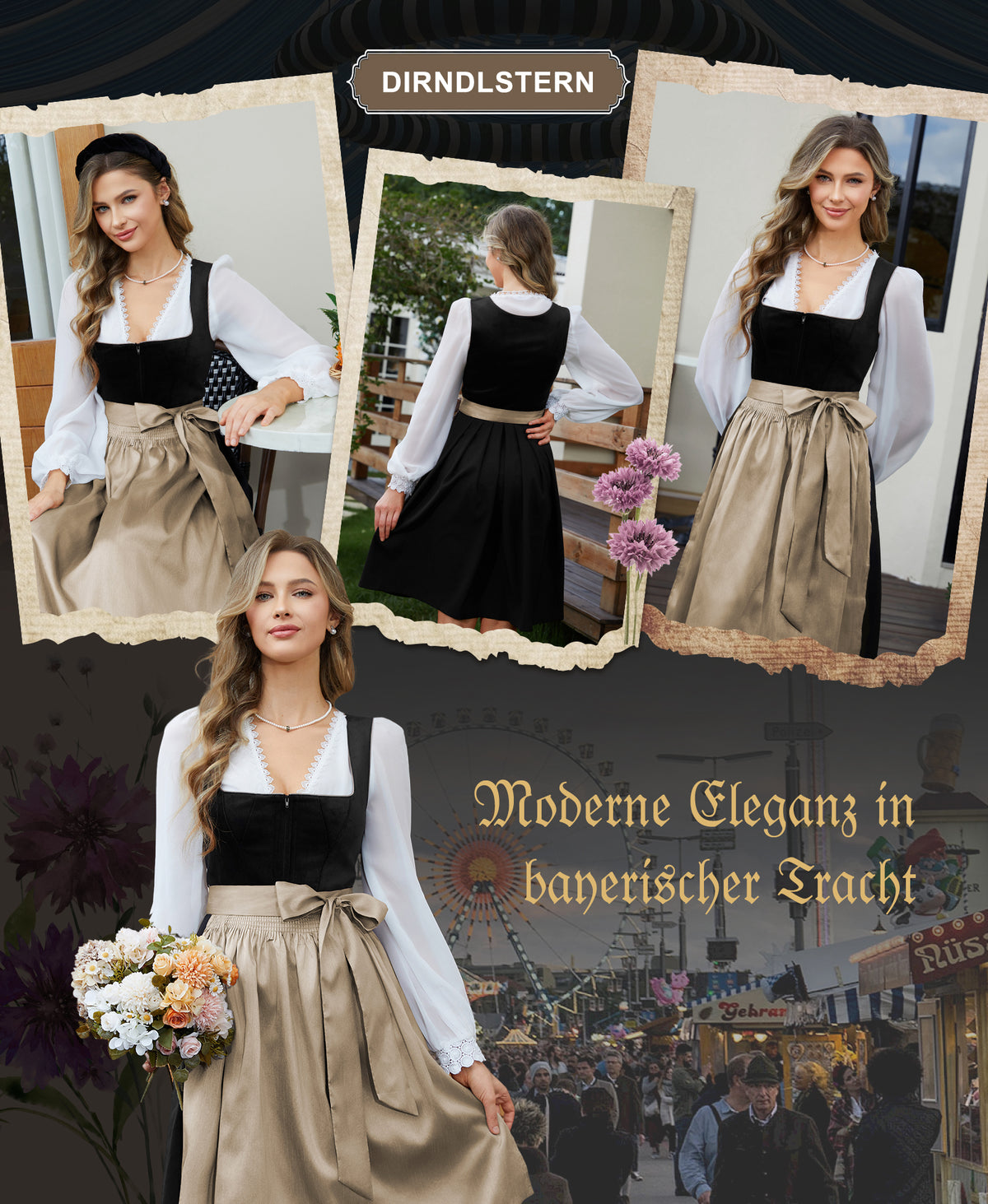 DIRNDLSTERN Trachtenmode Damen Schwarz - Midi Trachtenkleid mit Dirndlschürze Oktoberfest Damen Outfit