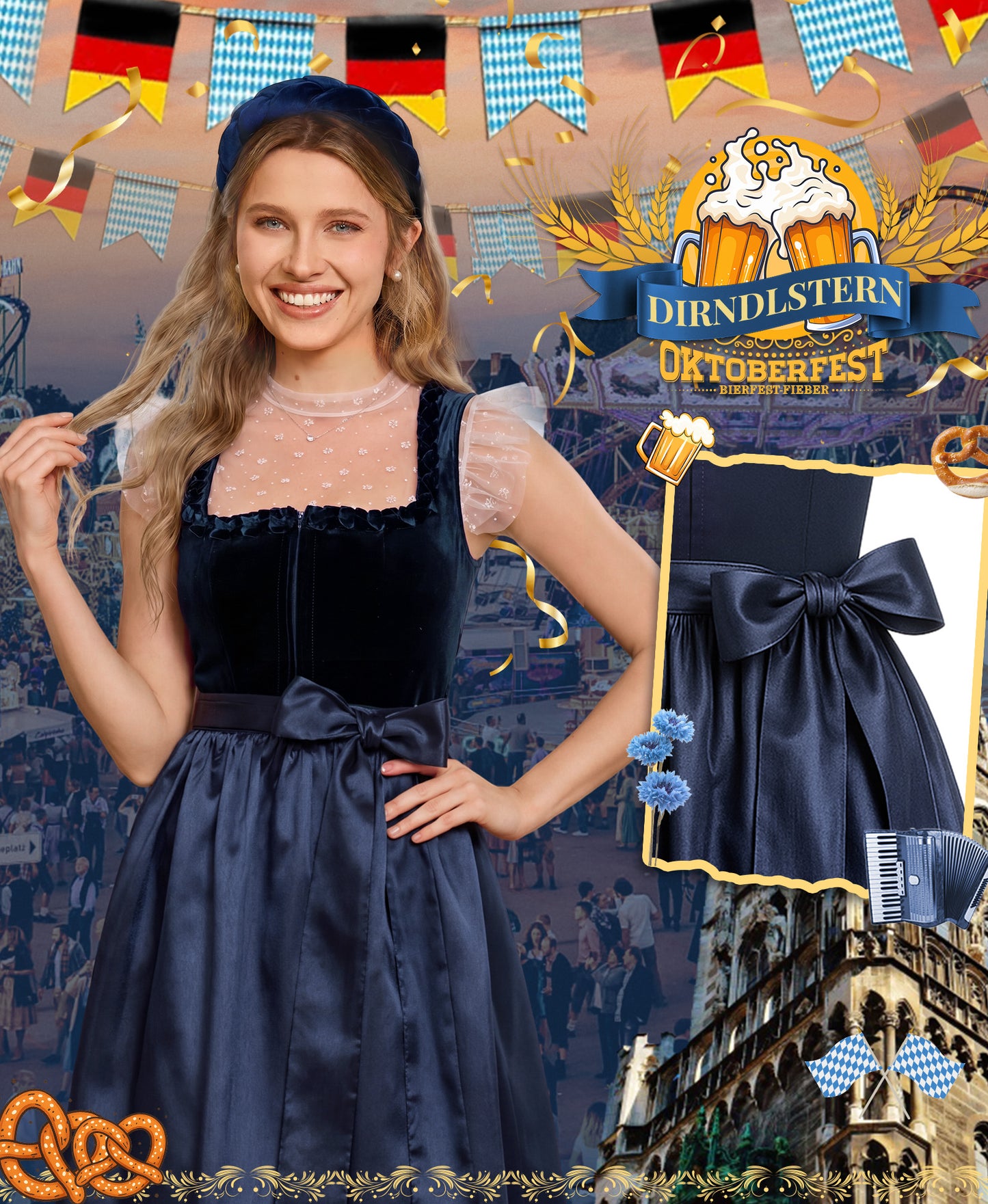 DIRNDLSTERN Dirndl Damen Blau Samt - Dirndlkleid Midi 70cm mit Reißverschluss Oktoberfest Outfit