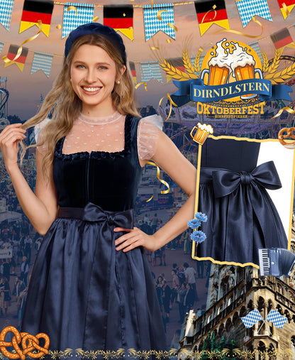 DIRNDLSTERN Dirndl Damen Blau Samt - Dirndlkleid Midi 70cm mit Reißverschluss Oktoberfest Outfit