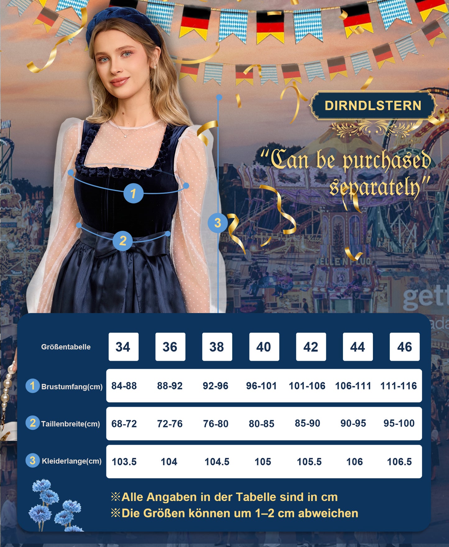 DIRNDLSTERN Dirndl Damen Blau Samt - Dirndlkleid Midi 70cm mit Reißverschluss Oktoberfest Outfit
