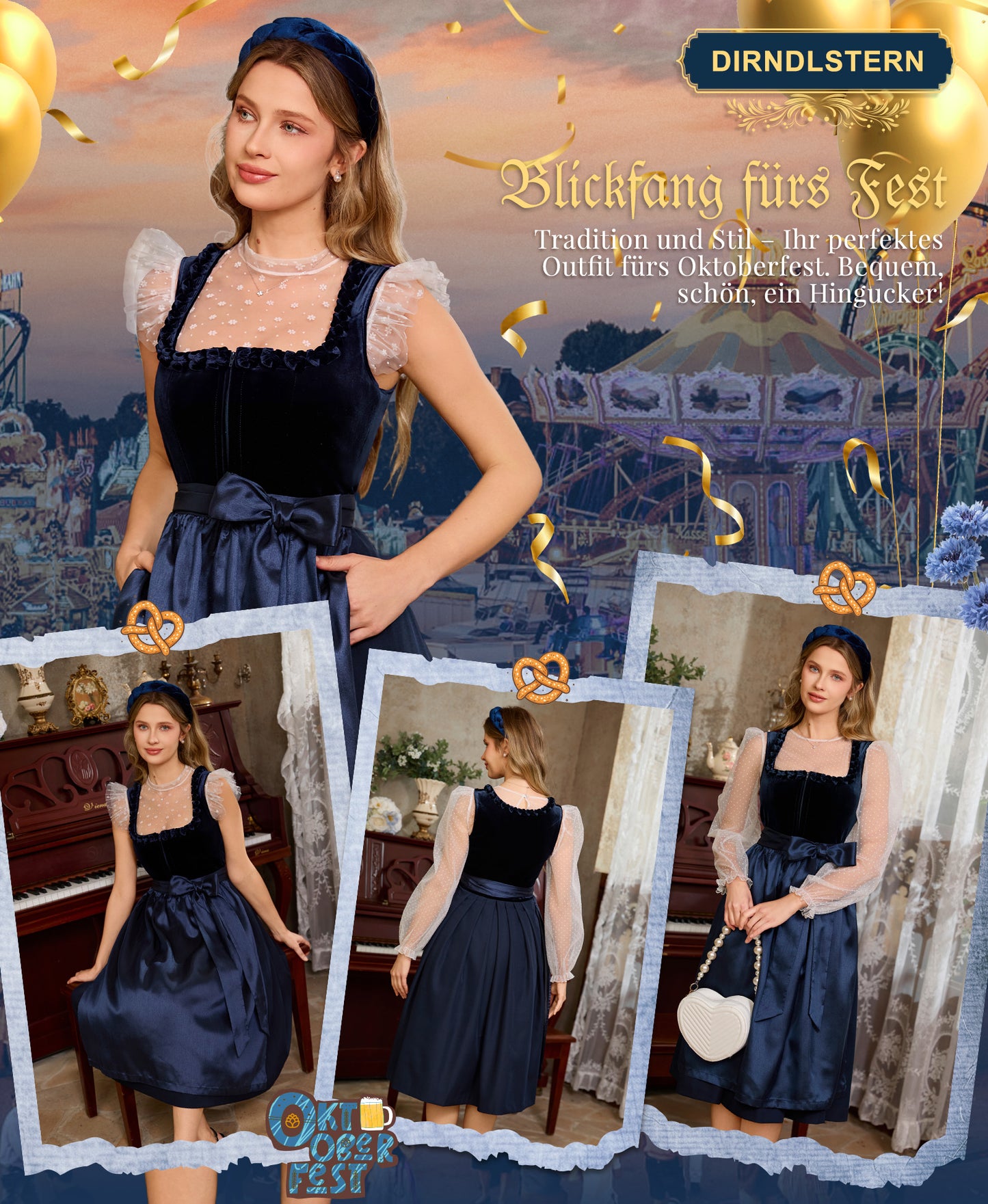 DIRNDLSTERN Dirndl Damen Blau Samt - Dirndlkleid Midi 70cm mit Reißverschluss Oktoberfest Outfit