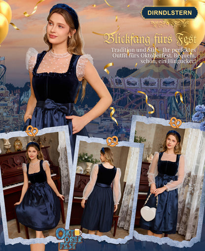 DIRNDLSTERN Dirndl Damen Blau Samt - Dirndlkleid Midi 70cm mit Reißverschluss Oktoberfest Outfit