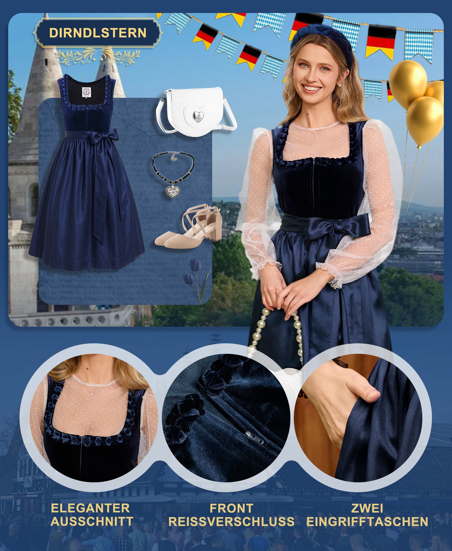 DIRNDLSTERN Dirndl Damen Blau Samt - Dirndlkleid Midi 70cm mit Reißverschluss Oktoberfest Outfit