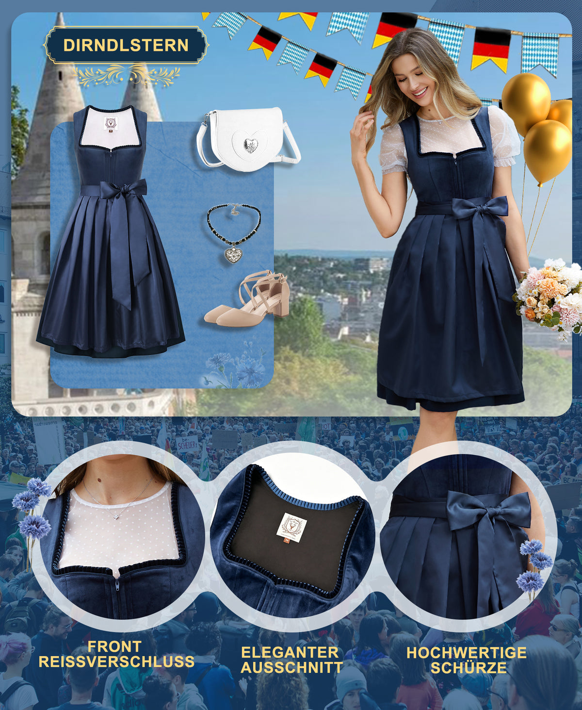 DIRNDLSTERN Dirndl Damen Blau Trachtenkleid - Dirndlkleid Midi mit Dirndlschürze Trachtenmode Oktoberfest Outfit
