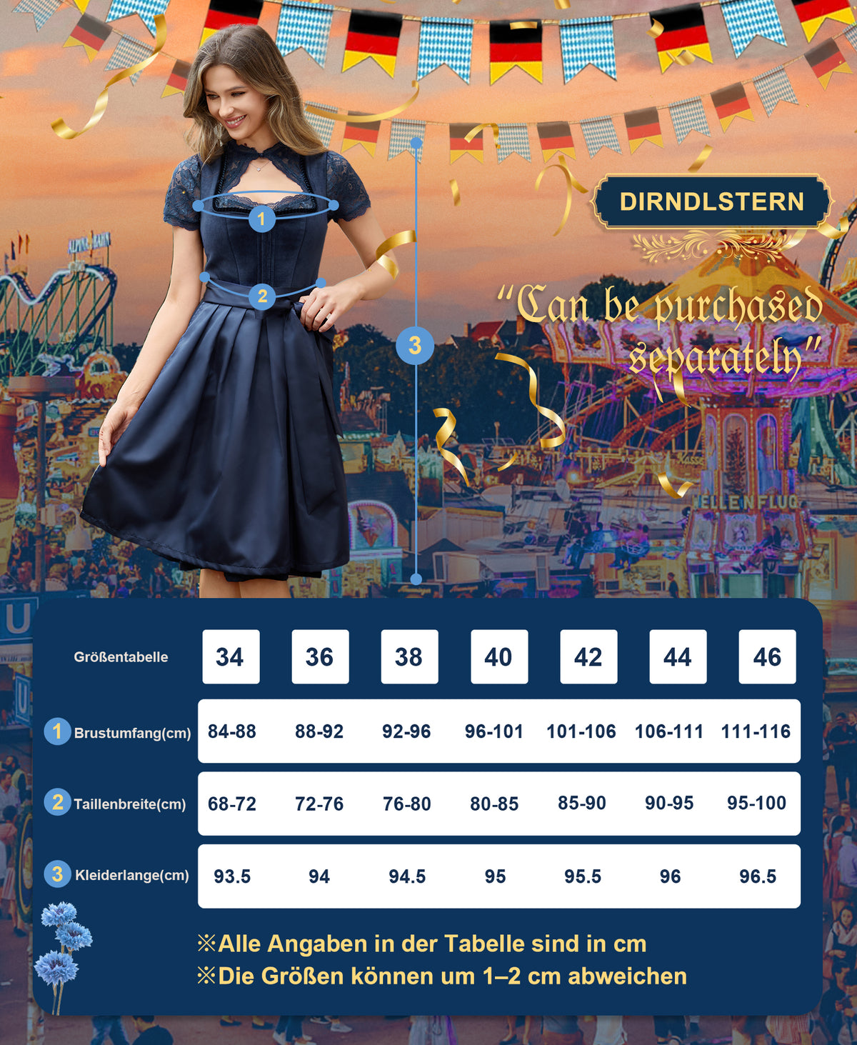 DIRNDLSTERN Dirndl Damen Blau Trachtenkleid - Dirndlkleid Midi mit Dirndlschürze Trachtenmode Oktoberfest Outfit