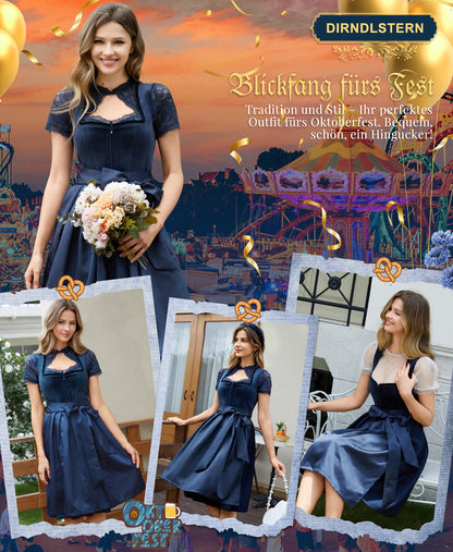 DIRNDLSTERN Dirndl Damen Blau Trachtenkleid - Dirndlkleid Midi mit Dirndlschürze Trachtenmode Oktoberfest Outfit