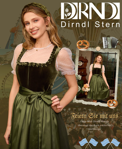 Dirndlstern Dirndl Damen Dirndlkleid Grün - Trachtenkleid Midi Smat Trachtenrock für Oktoberfest Volksfest