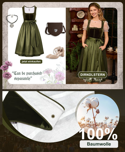 Dirndlstern Dirndl Damen Dirndlkleid Grün - Trachtenkleid Midi Smat Trachtenrock für Oktoberfest Volksfest