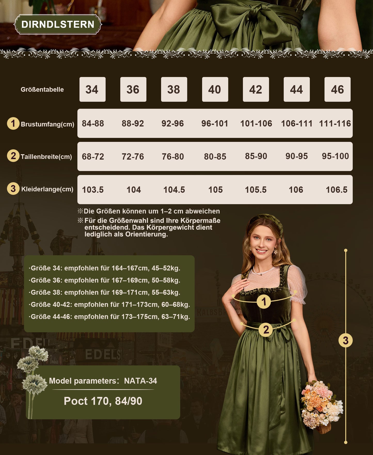 Dirndlstern Dirndl Damen Dirndlkleid Grün - Trachtenkleid Midi Smat Trachtenrock für Oktoberfest Volksfest