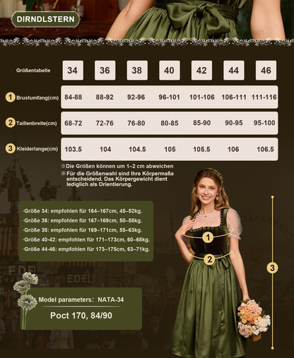 Dirndlstern Dirndl Damen Dirndlkleid Grün - Trachtenkleid Midi Smat Trachtenrock für Oktoberfest Volksfest