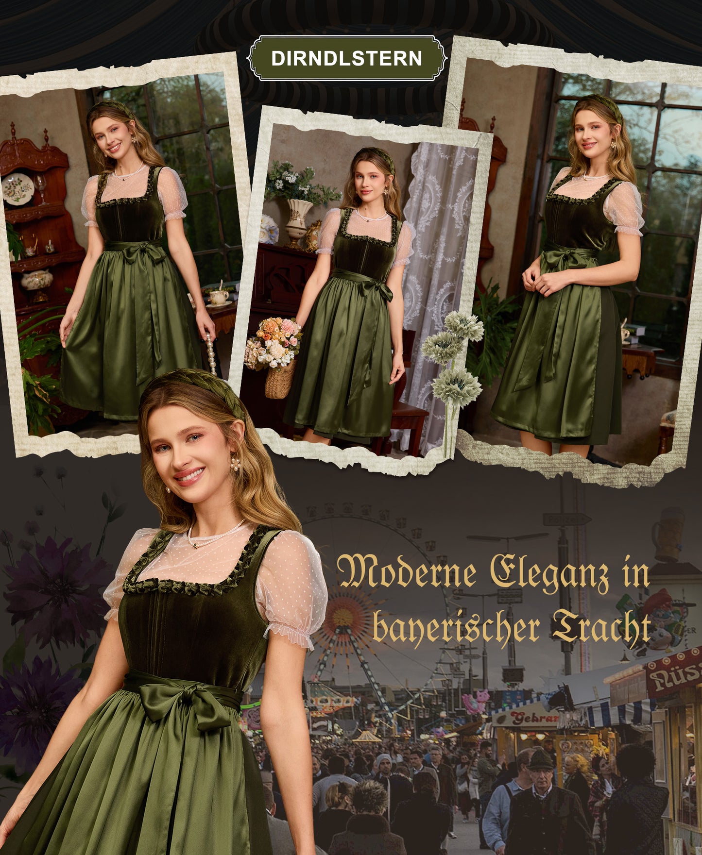 Dirndlstern Dirndl Damen Dirndlkleid Grün - Trachtenkleid Midi Smat Trachtenrock für Oktoberfest Volksfest