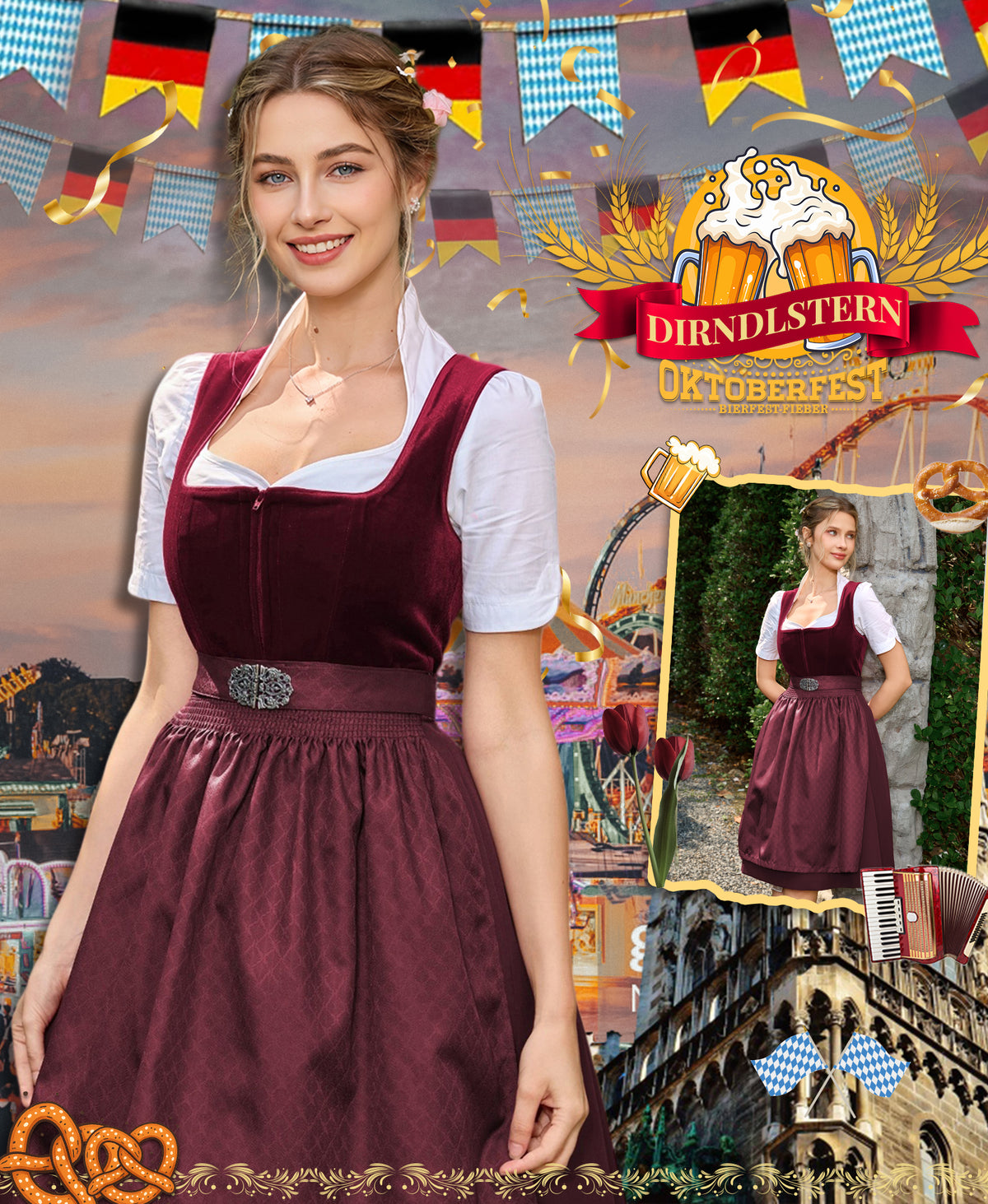 DIRNDLSTERN Damen Trachtenkleid Rot - Midi Dirndlkleid Oktoberfest Outfit Samt Trachtenrock mit 60 cm Dirndlschürzen