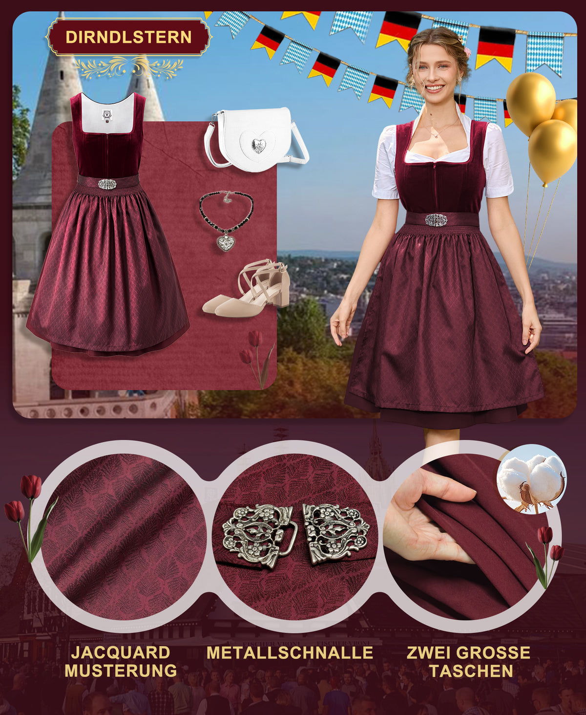 DIRNDLSTERN Damen Trachtenkleid Rot - Midi Dirndlkleid Oktoberfest Outfit Samt Trachtenrock mit 60 cm Dirndlschürzen