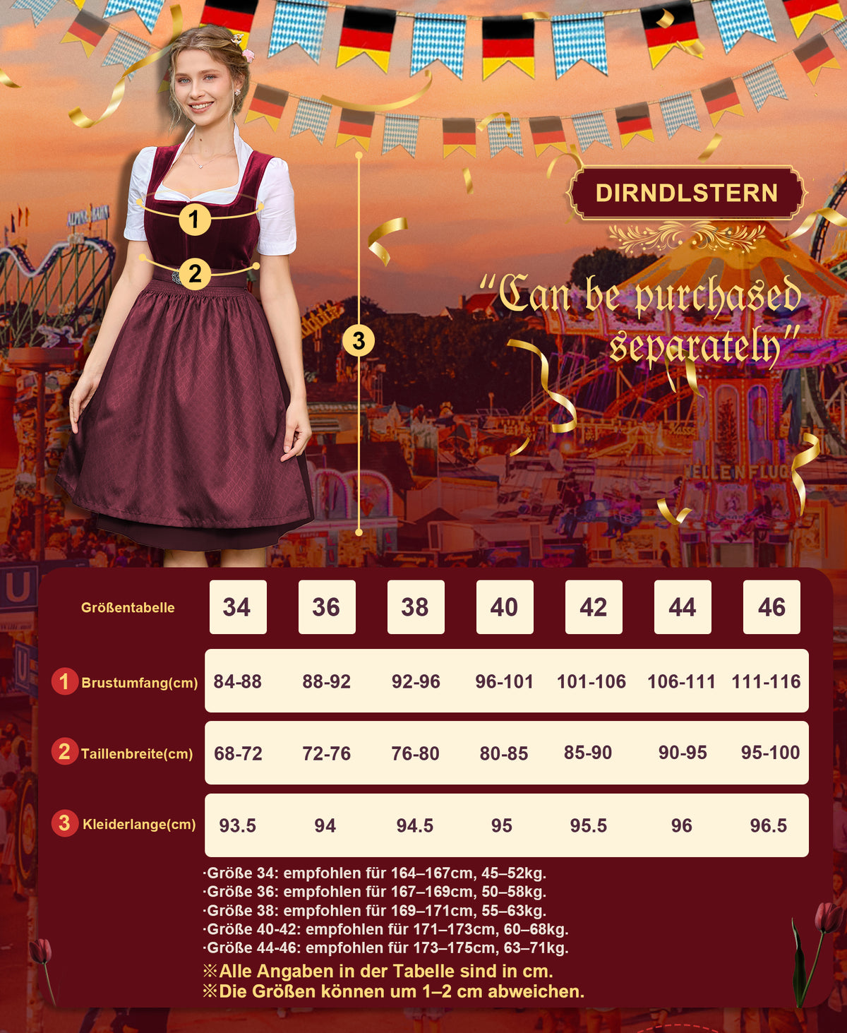 DIRNDLSTERN Damen Trachtenkleid Rot - Midi Dirndlkleid Oktoberfest Outfit Samt Trachtenrock mit 60 cm Dirndlschürzen