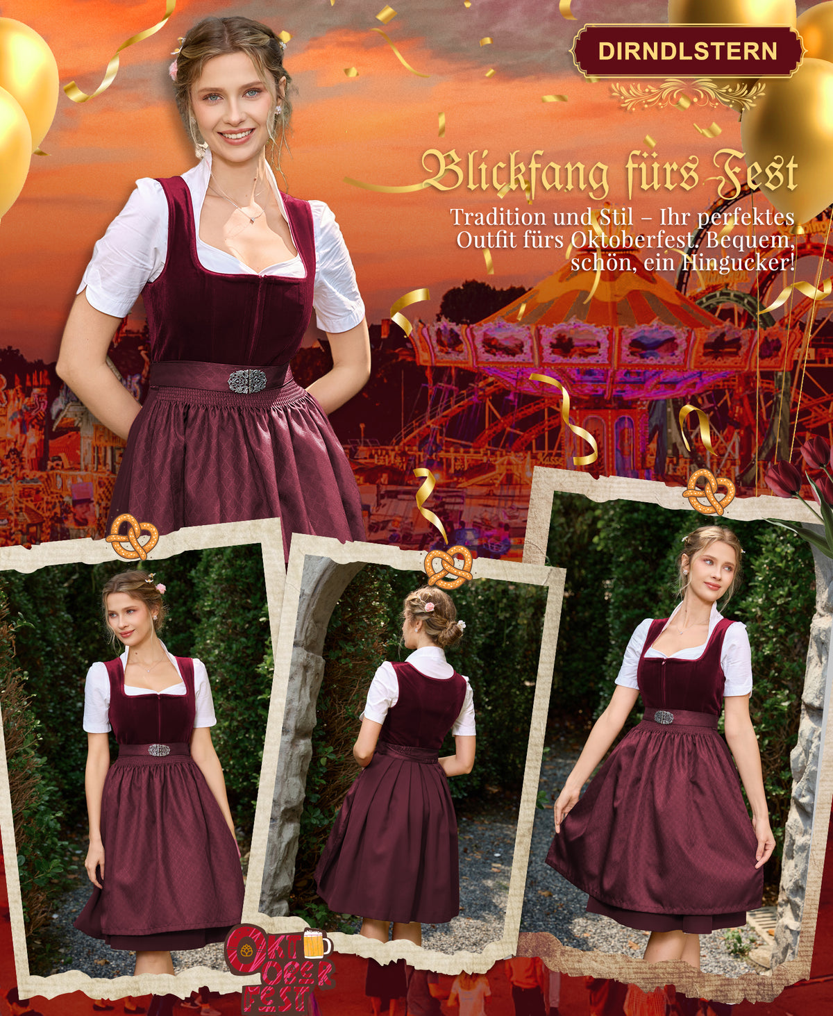 DIRNDLSTERN Damen Trachtenkleid Rot - Midi Dirndlkleid Oktoberfest Outfit Samt Trachtenrock mit 60 cm Dirndlschürzen