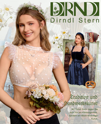 DIRNDLSTERN Dirndlbluse Damen Weiß - Trachtenbluse aus Tüll mit Flügelärmeln und Blümchen & Punkten für Oktoberfest
