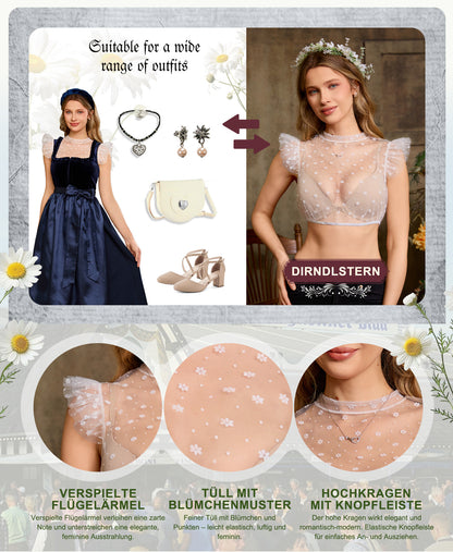 DIRNDLSTERN Dirndlbluse Damen Weiß - Trachtenbluse aus Tüll mit Flügelärmeln und Blümchen & Punkten für Oktoberfest