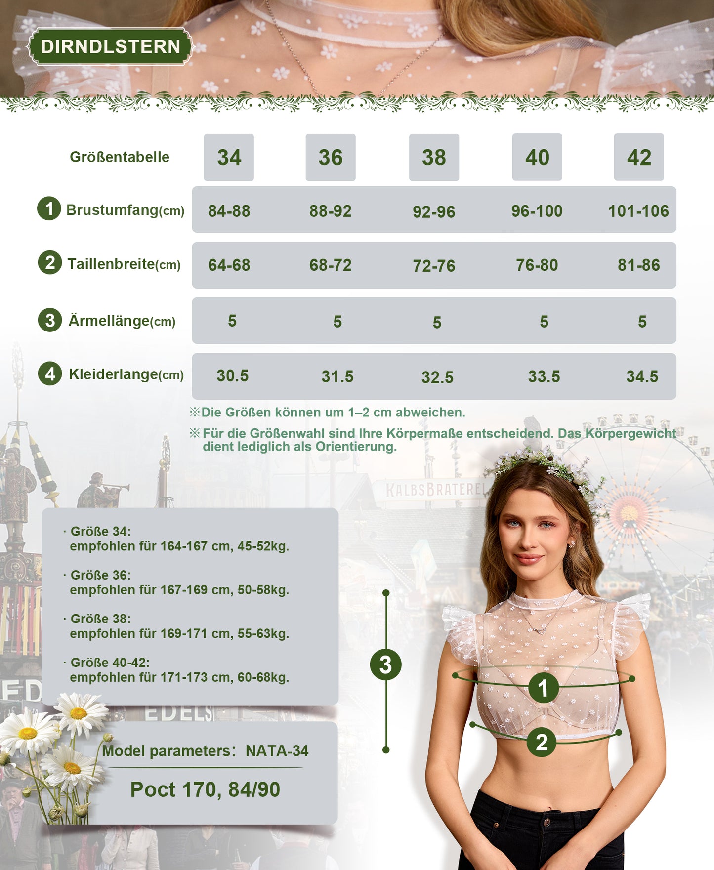 DIRNDLSTERN Dirndlbluse Damen Weiß - Trachtenbluse aus Tüll mit Flügelärmeln und Blümchen & Punkten für Oktoberfest