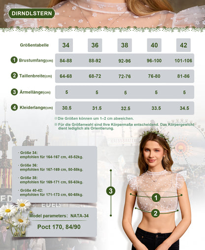 DIRNDLSTERN Dirndlbluse Damen Weiß - Trachtenbluse aus Tüll mit Flügelärmeln und Blümchen & Punkten für Oktoberfest