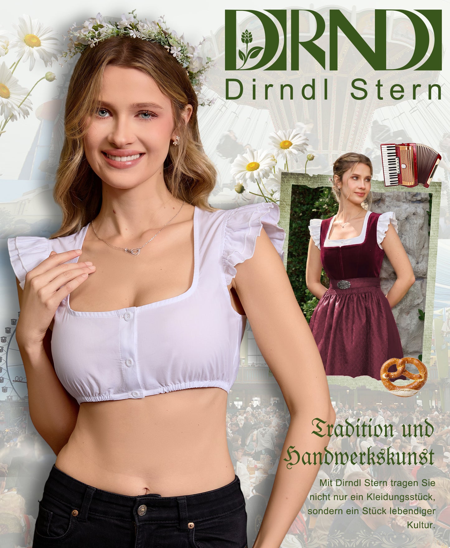 DIRNDLSTERN Dirndlbluse Damen Weiß Flügelärmel – Moderne Dirndl Bluse Trachtenbluse für Oktoberfest
